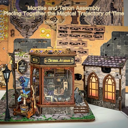 SUNNINO Miniature Dollhouse Kit, 3D Wooden Puzzles for Adults Mini House Building Kit with LED Lights Christmas Birthday Gifts Book Nook Kits Bookshelf Decor for Adults and Teens, Time Magic Club