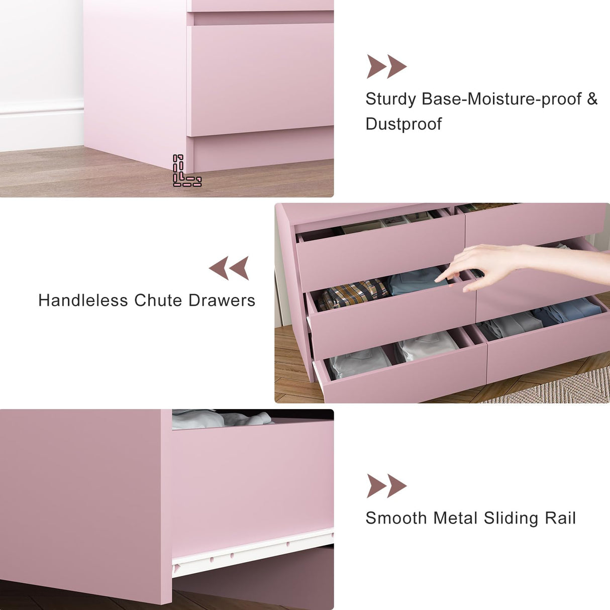 Vibe & Dine 6 Drawer Double Dresser, Modern Chest of Drawers with Wide Storage for Closet, Bedroom, Living Room, Pink Vibe & Dine