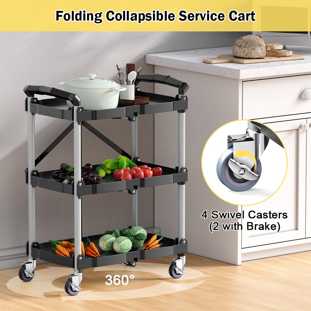 Foldable Rolling Book Cart, 3 Tier Folding Utility Service Carts with Wheels Lockable Handles for Women No Assembly Storage School Restaurant Warehouse Garage 180LBS Capacity Sturdon