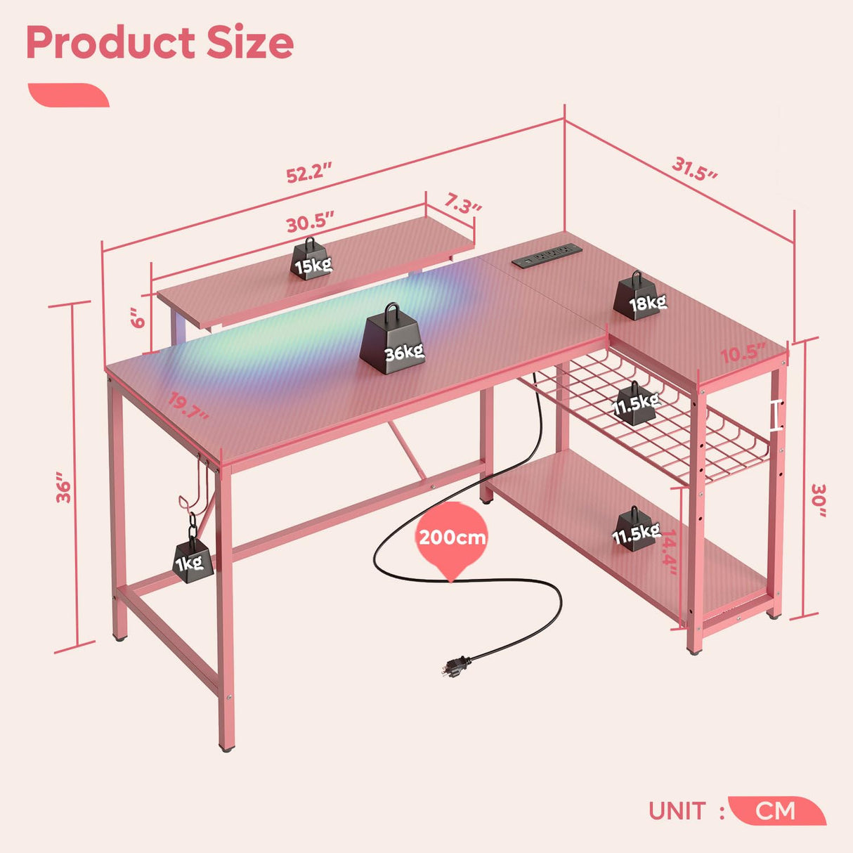 Bestier 52" Gaming Desk with Integrated Power Outlet & USB Ports, L-Shaped Computer Desk with LED Strip & Headphone Hooks, Perfect for Home Office Pink Bestier