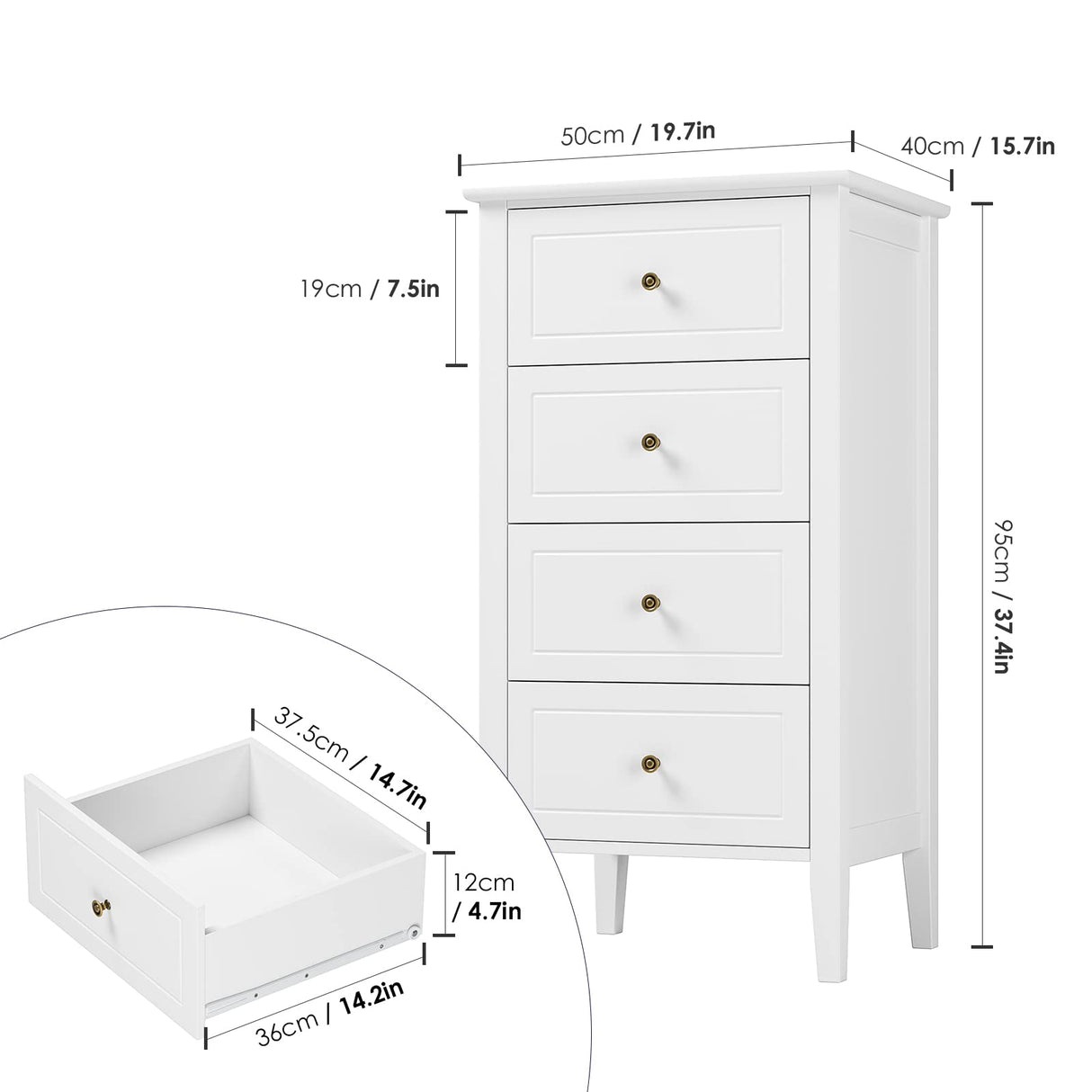 TTVIEW 4 Drawer Dresser, White Dresser Antique Chest of Drawers with Solid Frame, Tall Wood Storage Chest Cabinet for Living Room, Bathroom, Entryway, White TTVIEW