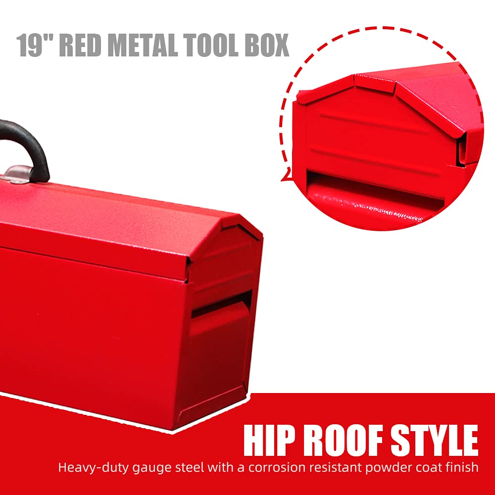 HPDMC Red Hip Roof Style Portable Steel Tool Box with Metal Latch Closure and Removable Storage Tray, 19.1" L x 6.1" W x 6.5" H HPDMC
