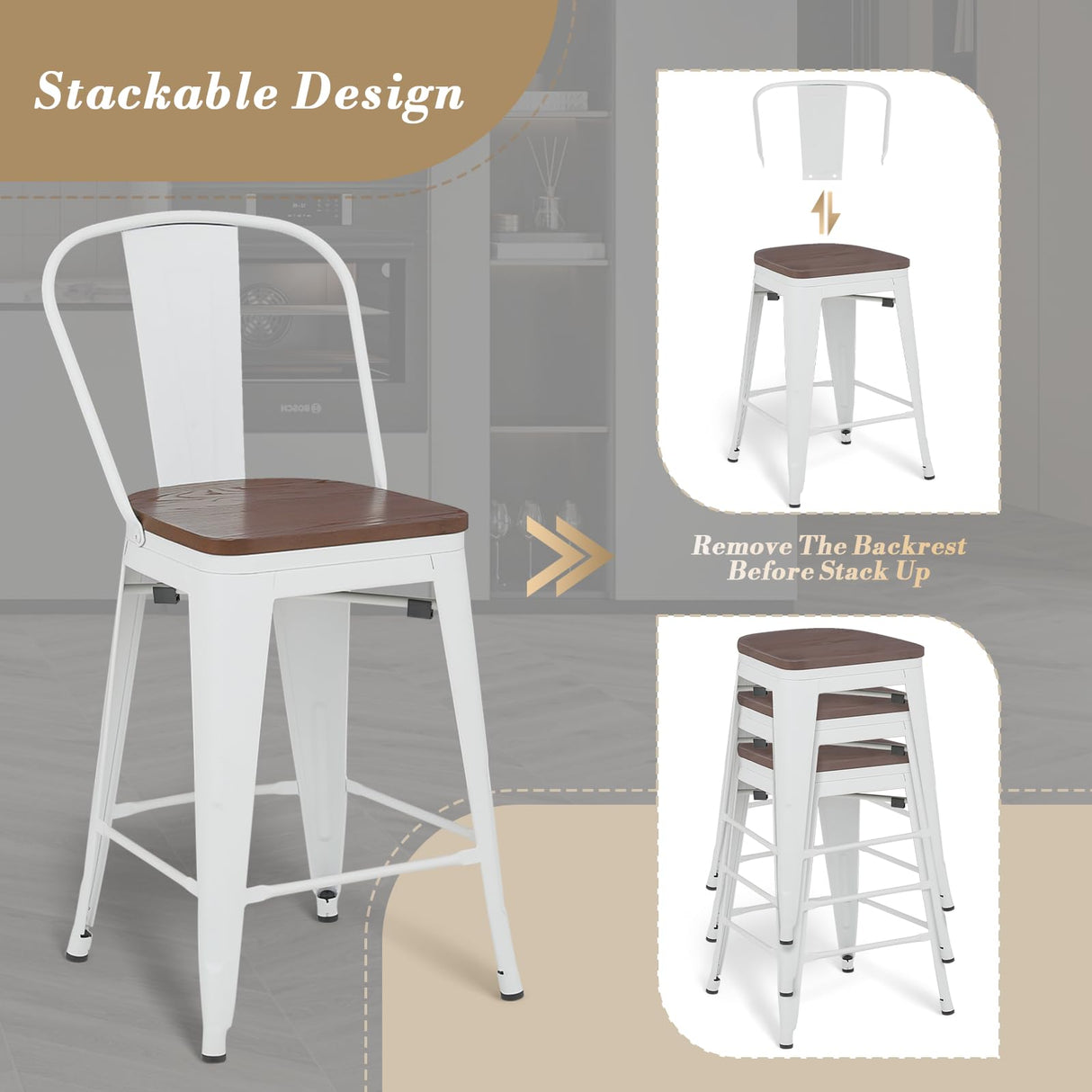 Athena Collection 24.5'' Counter Height Chairs High Back Bar Stools Set of 2, Farmhouse Wooden Seat Metal Frame Barstools Bar Dining Chairs with Footrest for Pub, Bistro, Kitchen, White Athena Collection