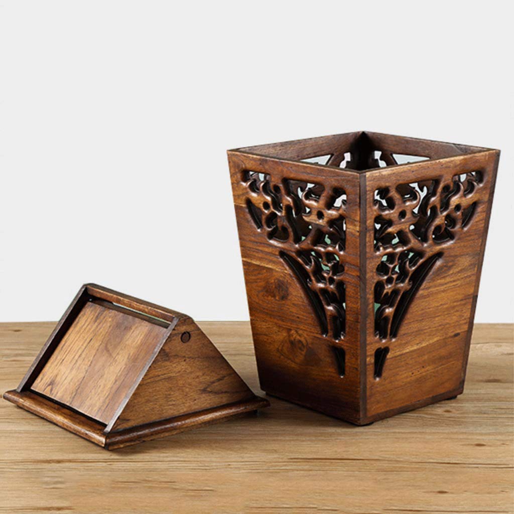 liangzishop Trash Can Waste Bin Antique Wooden Trashbin Shake Cover Teak Waste Bin Hand Hollow Carved Trash Can Indoor Solid Wood Trash Box 3.2 liangzishop