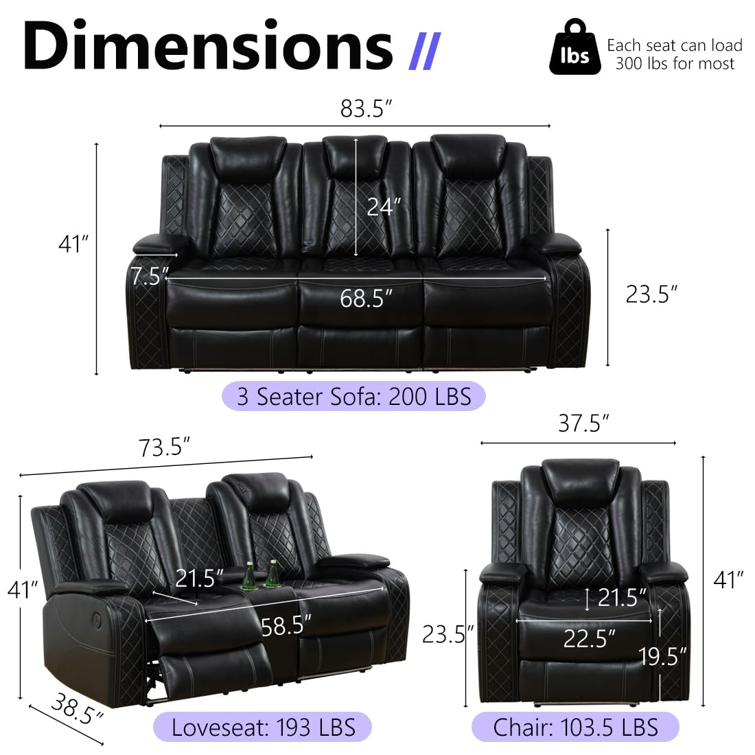 Anthato Black Leather Power Recliner Set with LED Lights, 3-Piece Recliner Sofa Loveseat Chair with Coffee Table/Storage/Charging Port, Modern Reclining Furniture for Living Room/Home Theater/Office Anthato