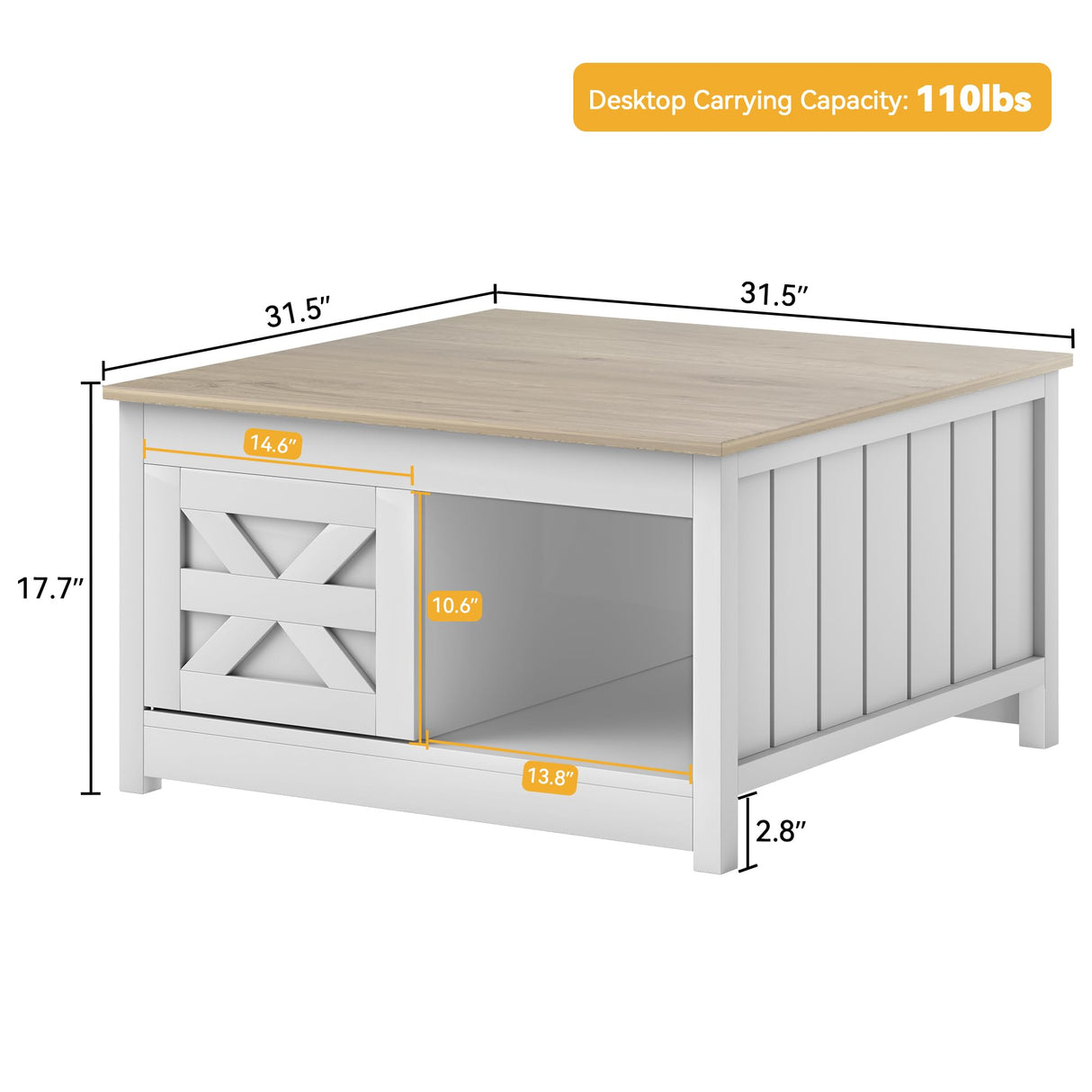 DWVO Farmhouse Coffee Table with Storage: Wooden Square Center Table with Sliding Barn Door, Small Living Room Table Light Oak DWVO