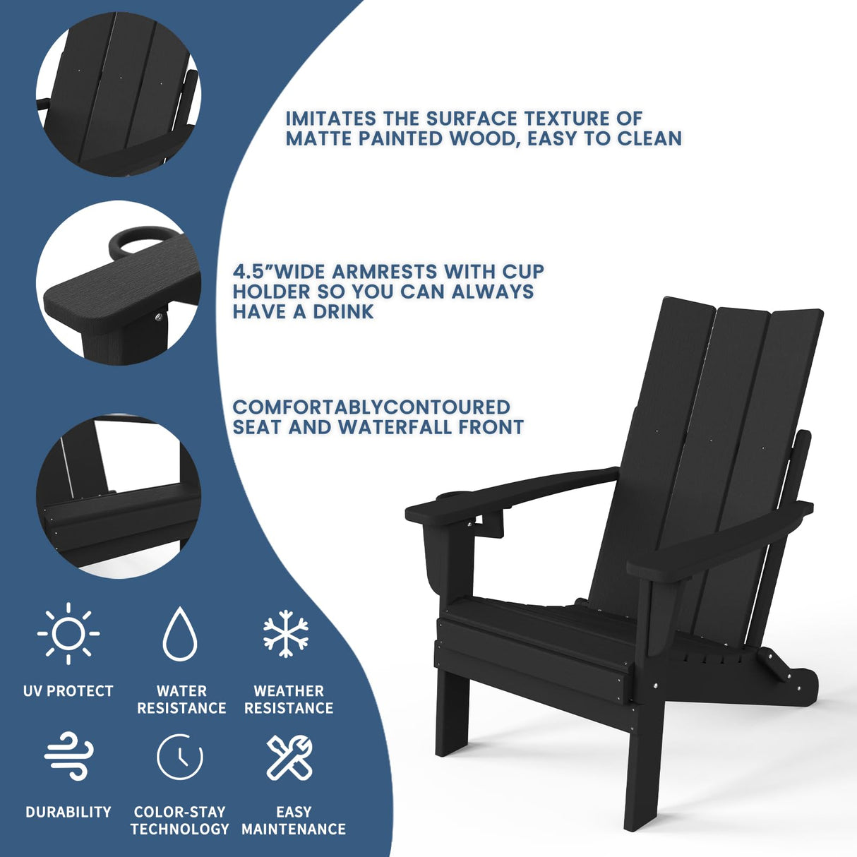 Folding Adirondack Chair with Cup Holder, Poly Lumber Patio Chairs, Wood Texture, Pre-Assembled Weather Resistant Outdoor Chairs for Pool, Deck, Backyard, Garden, Fire Pit Seating, Black POLYDUN