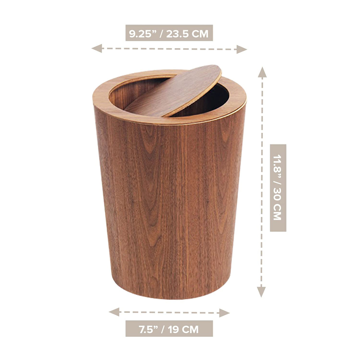 Modern Round Trash Can with Lid,Solid Real Wood Waste Basket in Walnut,8L/2.1Gal,9.25"x7.5"x11.8" Swing Top Small Trash Can, Living Room, Office & Bathroom Farmhouse Loft Wooden Style Primo Supply
