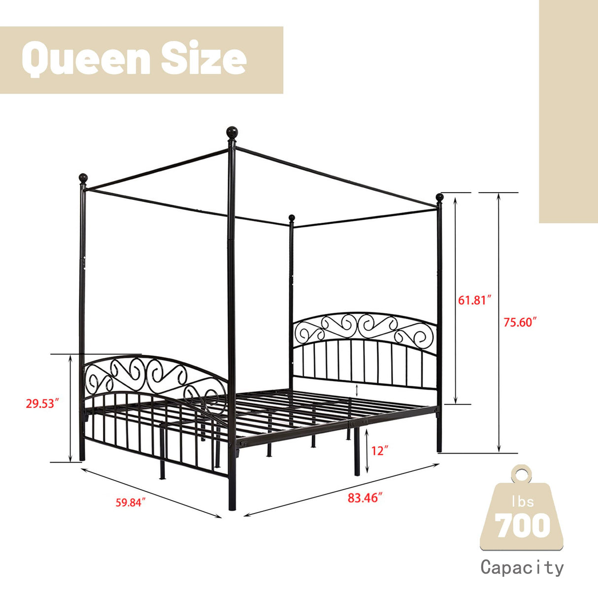 AUFANK Queen Size Canopy Bed Frame Four-Poster Metal Platform Bed with Headboard and Footboard Sturdy Heavy Duty Steel Slat Support No Box Spring Needed Black AUFANK