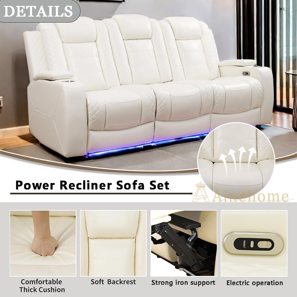 A Ainehome Power Leather Recliner Sofa Set with LED Lights, Recliner Sofa Sectional Couches for Living Room, Reclining Sofa and loveseat with USB Port/Storage Console(Creamy White,Sofa) A Ainehome