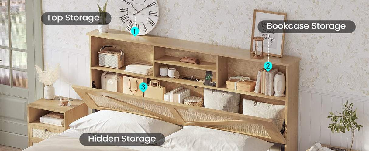 AOGLLATI Full Size Bed Frame with 4 Storage Drawers and 2-Tier Bookcase Hidden Headboard, Rattan Led Bed Frame Full Size with Charging Station, No Box Spring Needed, Wood AOGLLATI