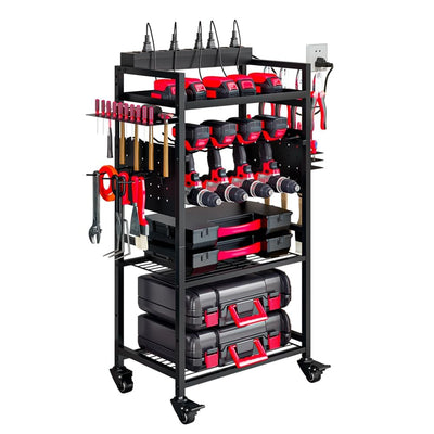 INGIORDAR Large Power Tool Organizer Cart with Charging Station, Garage Floor Standing Rolling Drill and Tools Battery Storage Cart on Wheels, Heavy Duty Utility Rack Shelf for Men, Husband, Father.