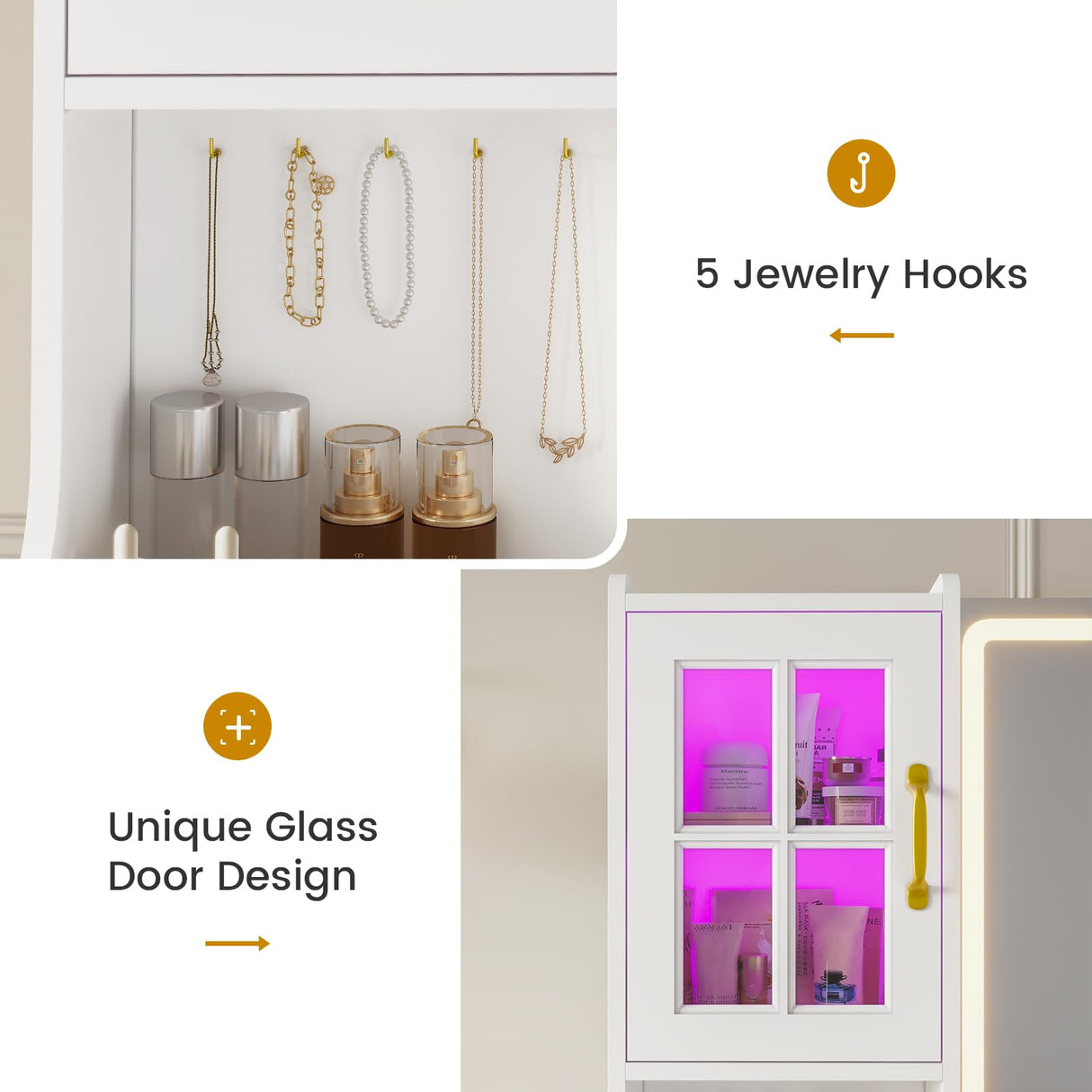 BTHFST White Vanity Desk with Touch Screen Mirror and Lights, Large Makeup Vanity with RGB Light Cabinets & Charging Station, 6 Drawers, 5 Jewelry Hooks, Vanity Table with Lighted Mirror BTHFST