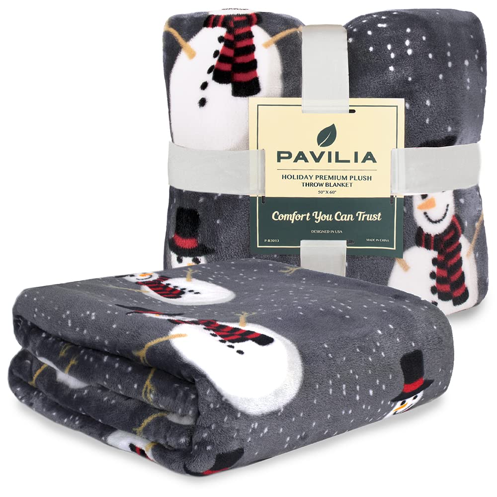 PAVILIA Christmas Snowman Throw Blanket | Grey Christmas Fleece Blanket | Soft, Plush, Warm Winter Cabin Throw, 50x60 (Grey Snowman) PAVILIA
