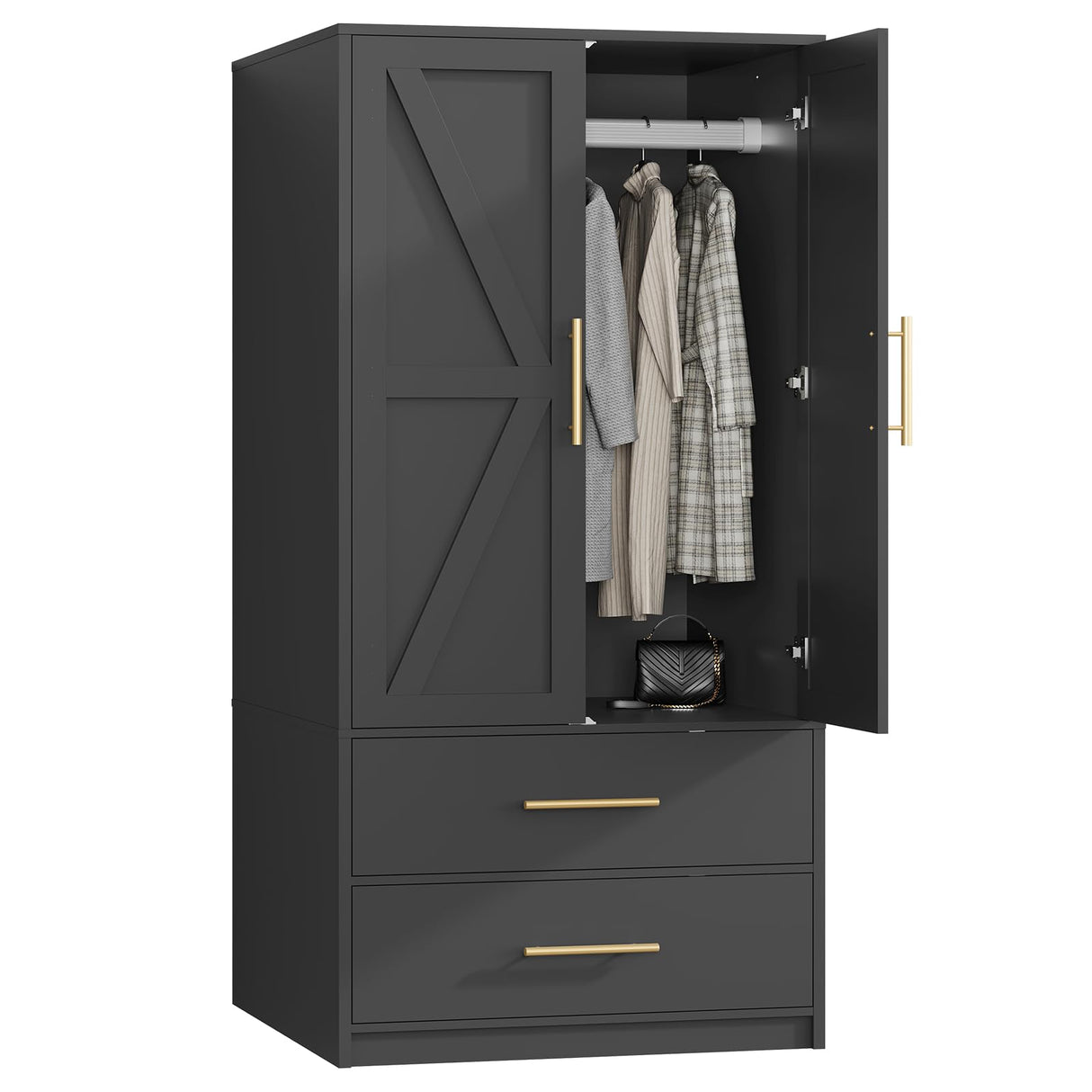 HOOBRO Armoire Wardrobe Closet, Wardrobe Closet with Doors and 2 Drawers, Bedroom Armoire with Hanging Rod, Tall Armoire for Bedroom, Wooden Clothing Storage Cabinet, Black HOOBRO
