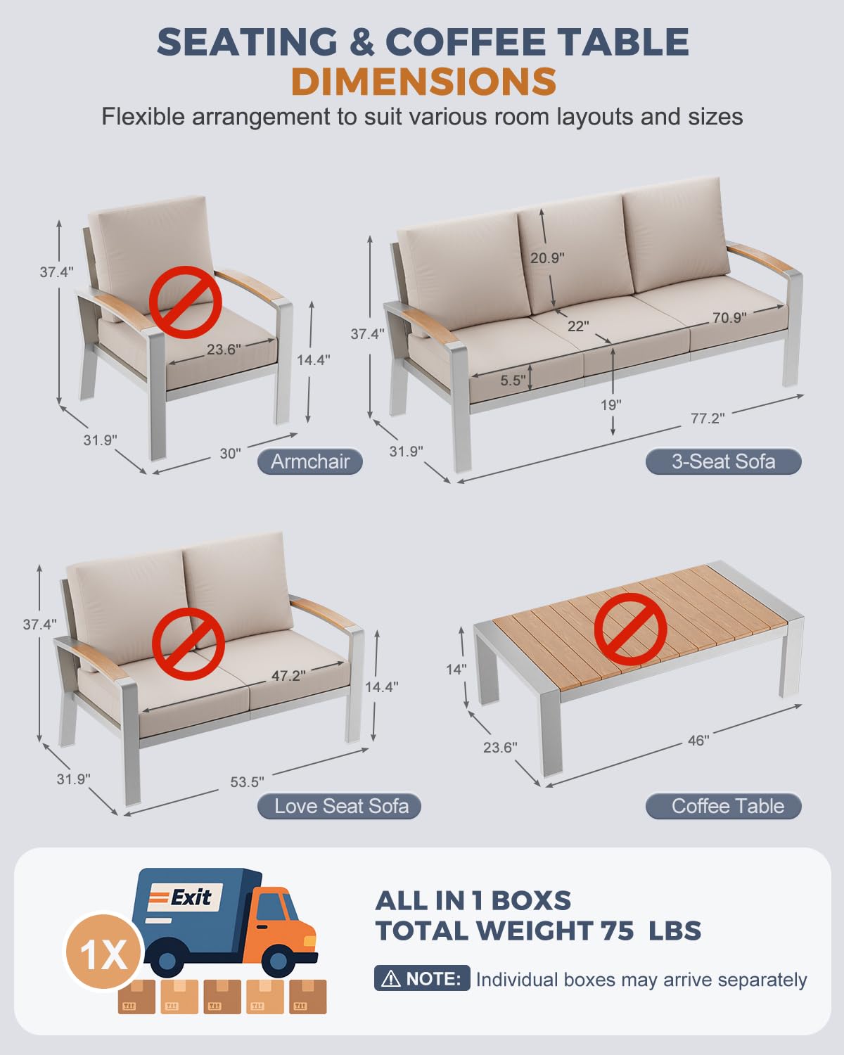 K Knowbody Aluminum Patio Furniture, Light Metal Outdoor 3-Seat Sofa, Curved Armrests, Olefin Cushions, Cast Sectional Sofa Chairs for Balcony, Porch, Backyard, Beige/Silver K Knowbody