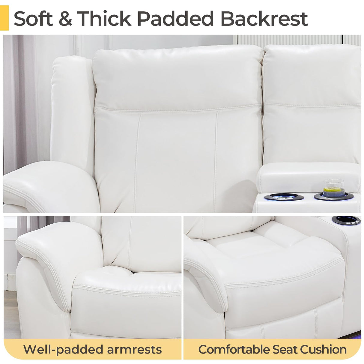 Power Recliner Sectional Sofa Couches with LED Lights for Living Room, Faux Leather Wall Hugger Reclining Corner Couch Sets with 2 Home Theater Seat, USB Charger, Cup Holder, Storage Console, White Comfort Stretch