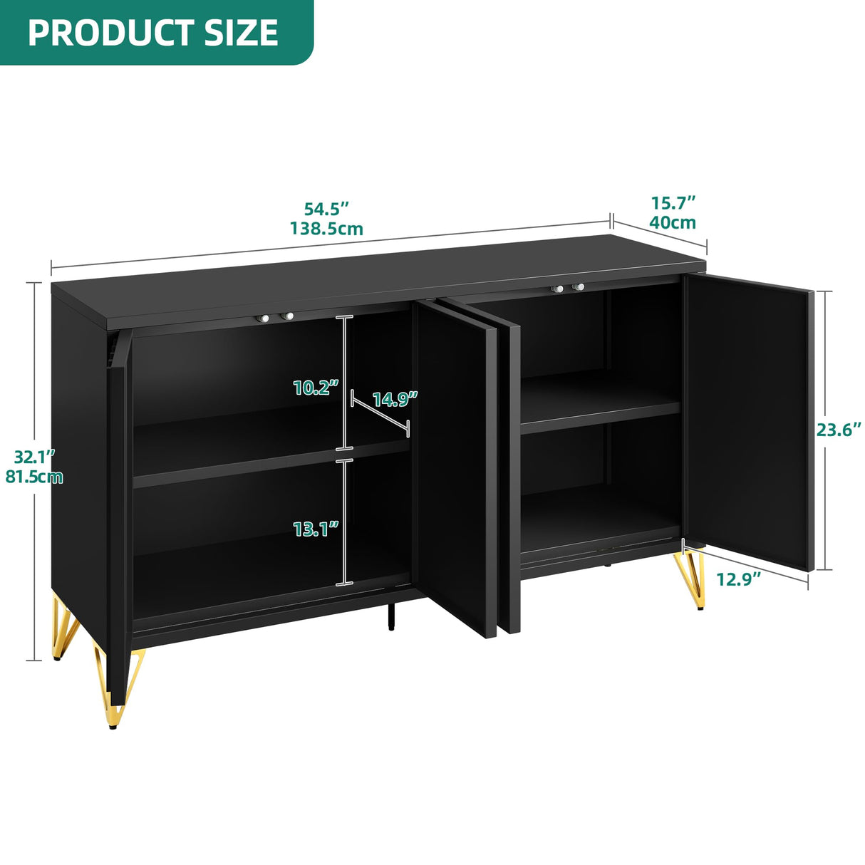 YITAHOME 55" Sideboard Buffet, Modern Buffet Cabinet Storage Cabinet with Doors, Metal Accent Console Credenzat with Adjustable Shelves for Hallway, Entryway, Kitchen or Living Room, Black YITAHOME