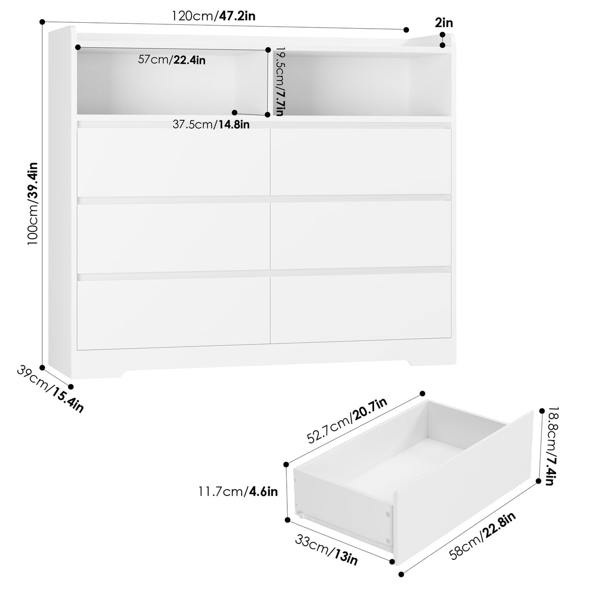 FOTOSOK White Dresser, 47.2" White Modern Chest of Drawers with 2 Open Cabinets, Handless Design Dresser with 6 Drawers, Wood Dressers Storage Drawers for Home & Office FOTOSOK