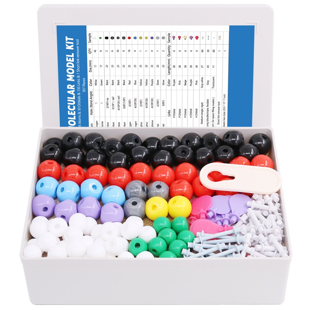 Swpeet 307 Pcs Molecular Model Kit for Organic and Inorganic Chemistry - Chemistry Molecular Model Student and Teacher Set - 126 Atoms & 30 Orbitals & 150 Links & 1 Short Link Remover Tool Swpeet