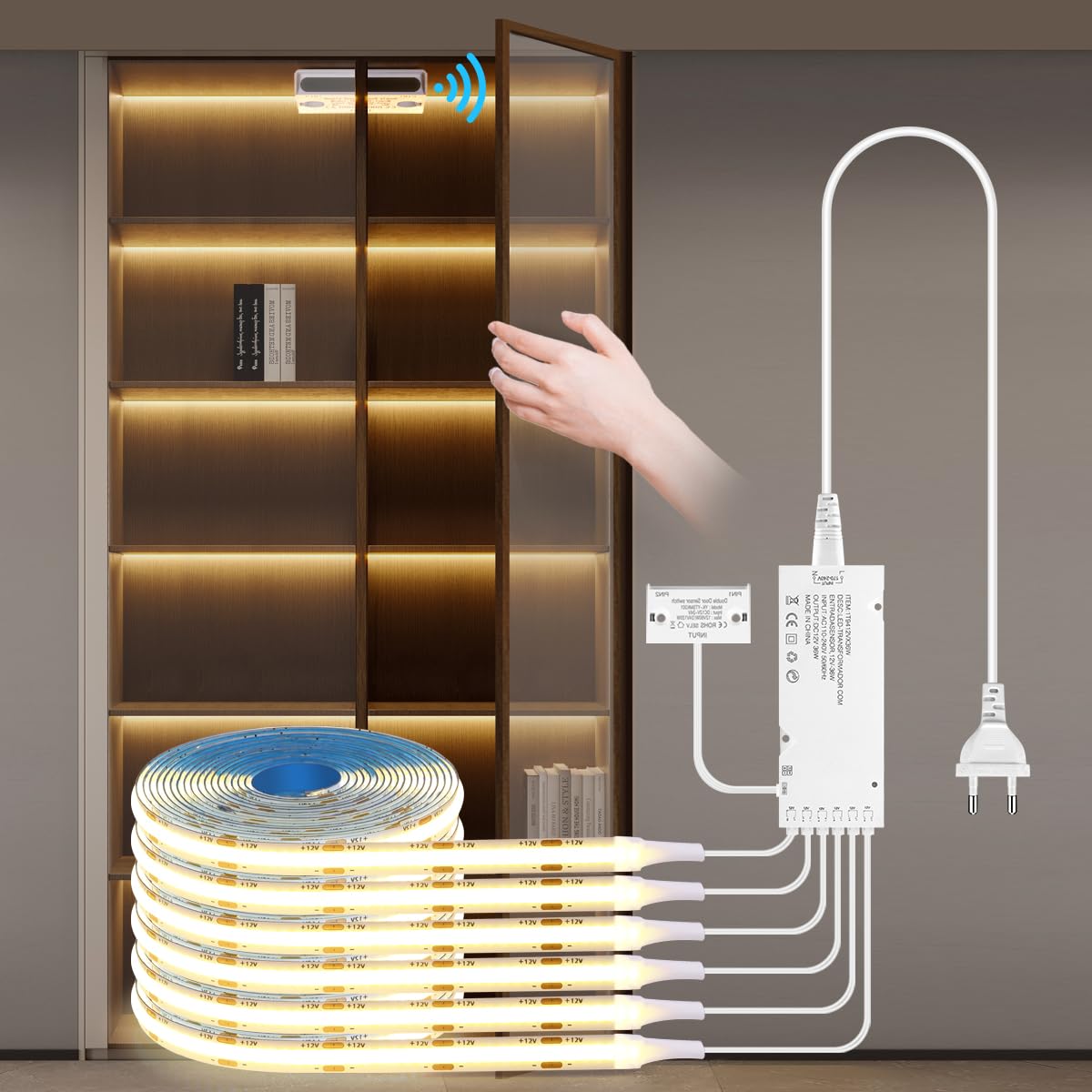 AIMENGTE Cabinet Light 12V 6-in-1 COB LED Strip Light with Dual-Door Sensor Switch, Adhesive Back & Cuttable – Under Cabinet Lighting for Wine Cabinets, Shoe Cabinets, Wardrobes, Display Cabinets AIMENGTE