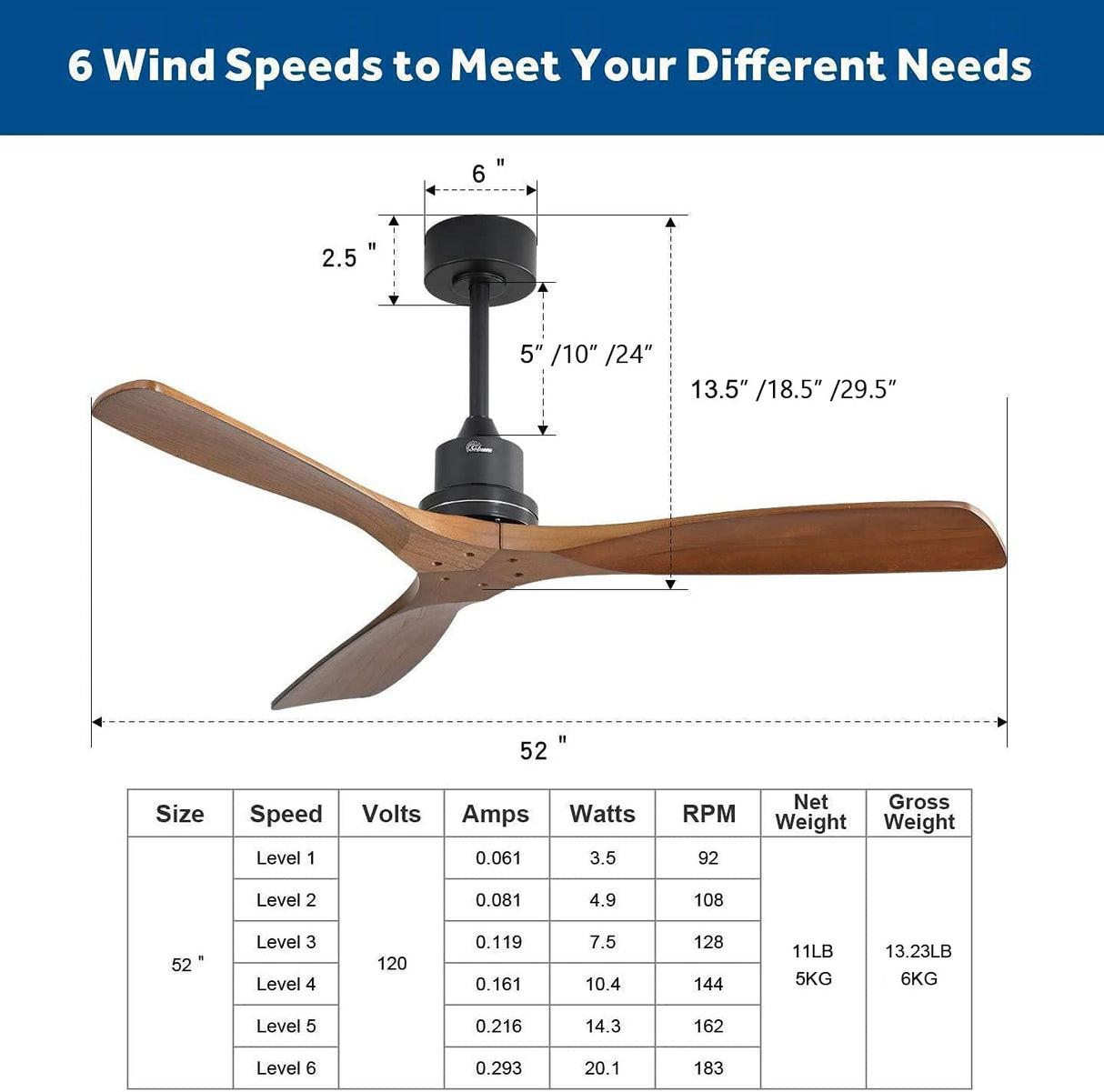 Sofucor Walnut Ceiling Fan, Solid Wood 3 Blade Ceiling Fans, Wood Ceiling Fan No Light, 52'' Ceiling Fan Without Light for Living Room & Covered Outdoor, Brown Sofucor
