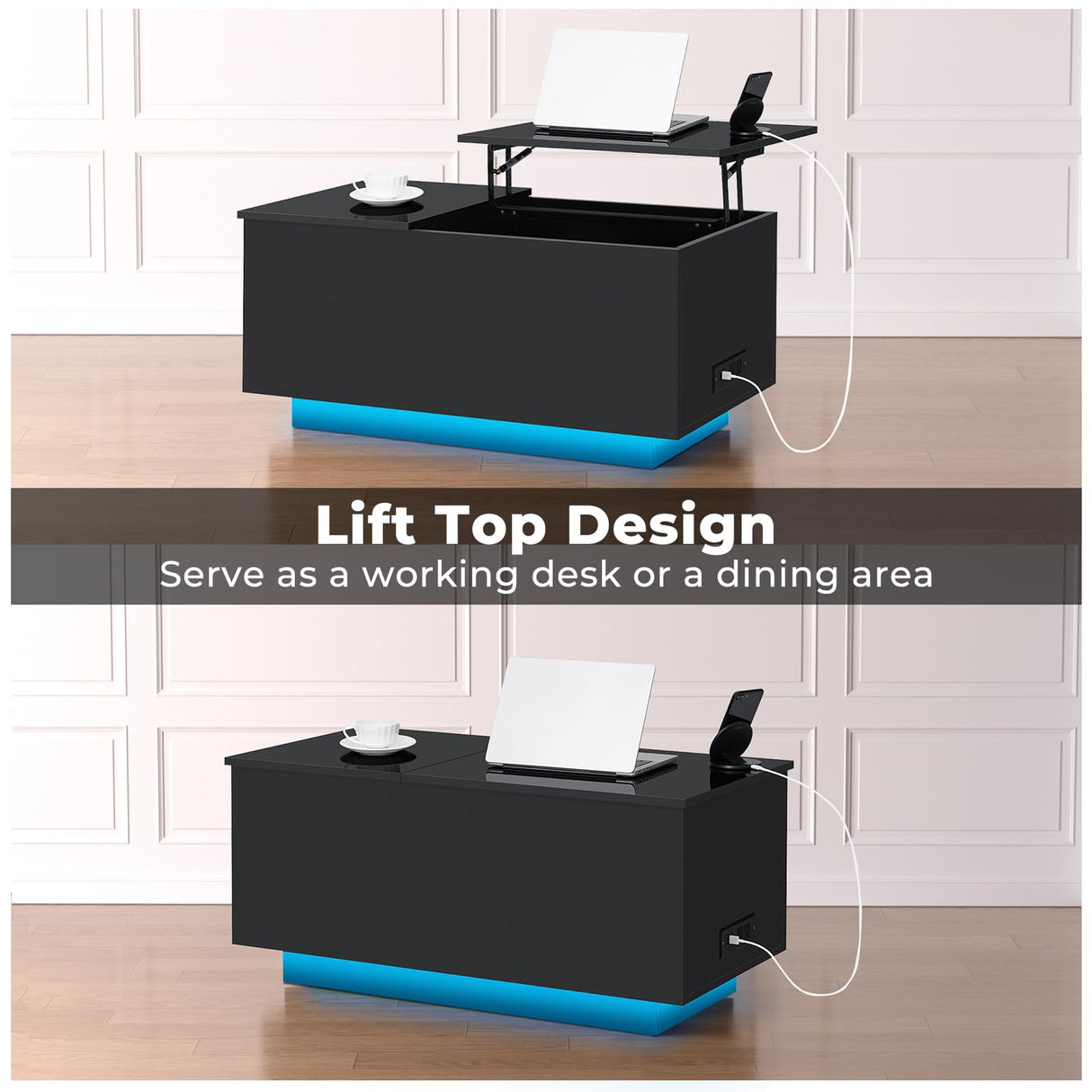 HOMMPA Lift Top Coffee Table with Charging Station Black Led Coffee Table with Storage Hidden Compartment Modern Coffee Table with Lift Top Center Table with LED Light for Living Room Home Office HOMMPA