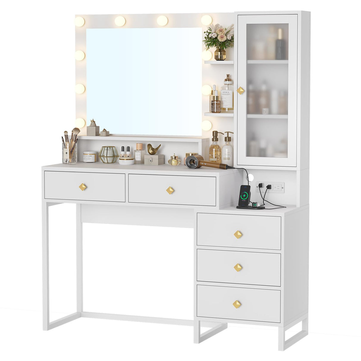 Tiptiper Makeup Vanity Desk with Mirror and Lights & Charging Station, White Vanity Table with 5 Storage Drawer & Glass Door & 3 Shelves for Bedroom, Modern White Tiptiper