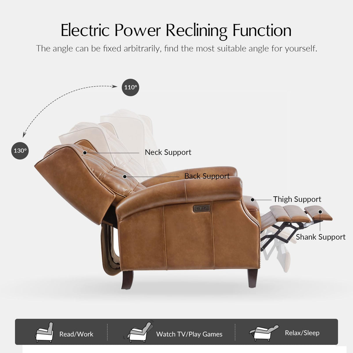 HULALA HOME Power Genuine Leather Recliner Chair with Charging, Rivet Decor Comfy Single Sofa, Solid Wood Legs, Tufted Home Theater Seating for Living Room, Camel HULALA HOME