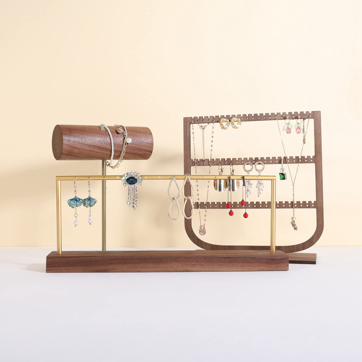 GemeShou wooden earring holder organizer for girls, walnut stud earring display stand for boutique store, jewelry storage organizer shelf【Walnut stand-One Tier】 GemeShou