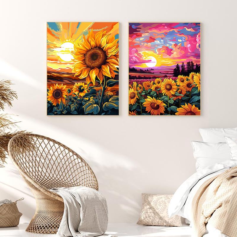 ZXQL 2 Pack Sunflower Paint by Numbers Kit for Adults Beginners, 16" W x 20 L Paint by Numbers for Adults Rolled up Canvas for Painting Home Decor Creative Wall Art with Nice Gift Box ZXQL