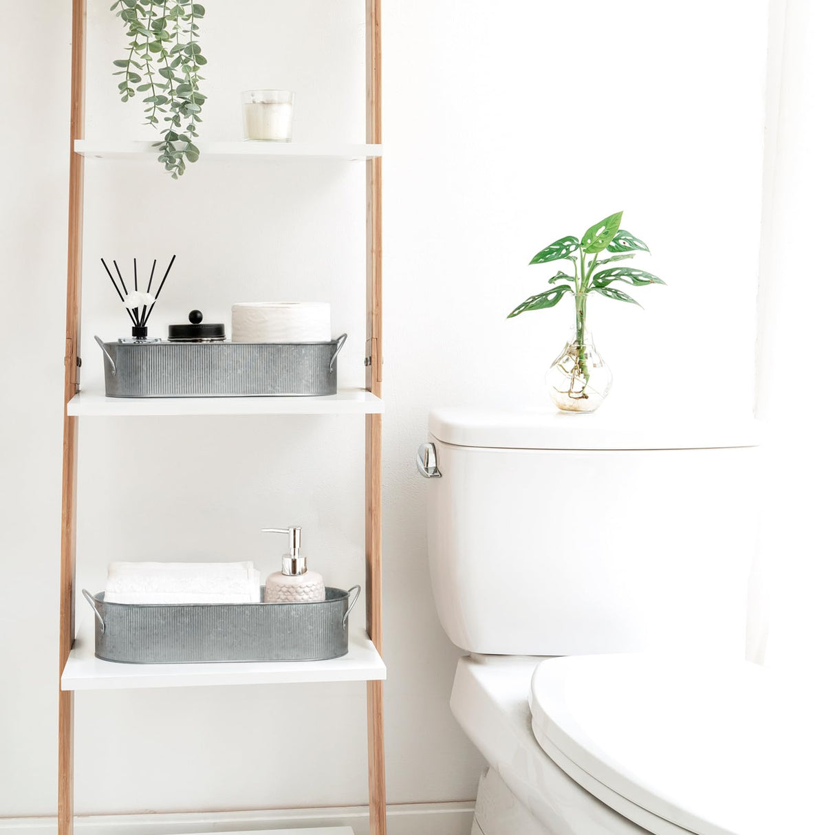 Mkono Metal Storage Basket for Toilet Tank Top Bathroom Decor, Galvanized Tray with Handle for Shelves, Farmhouse Toilet Paper Holder Organizing Bin Box for Countertop Living Room, Set of 2, Silver Mkono