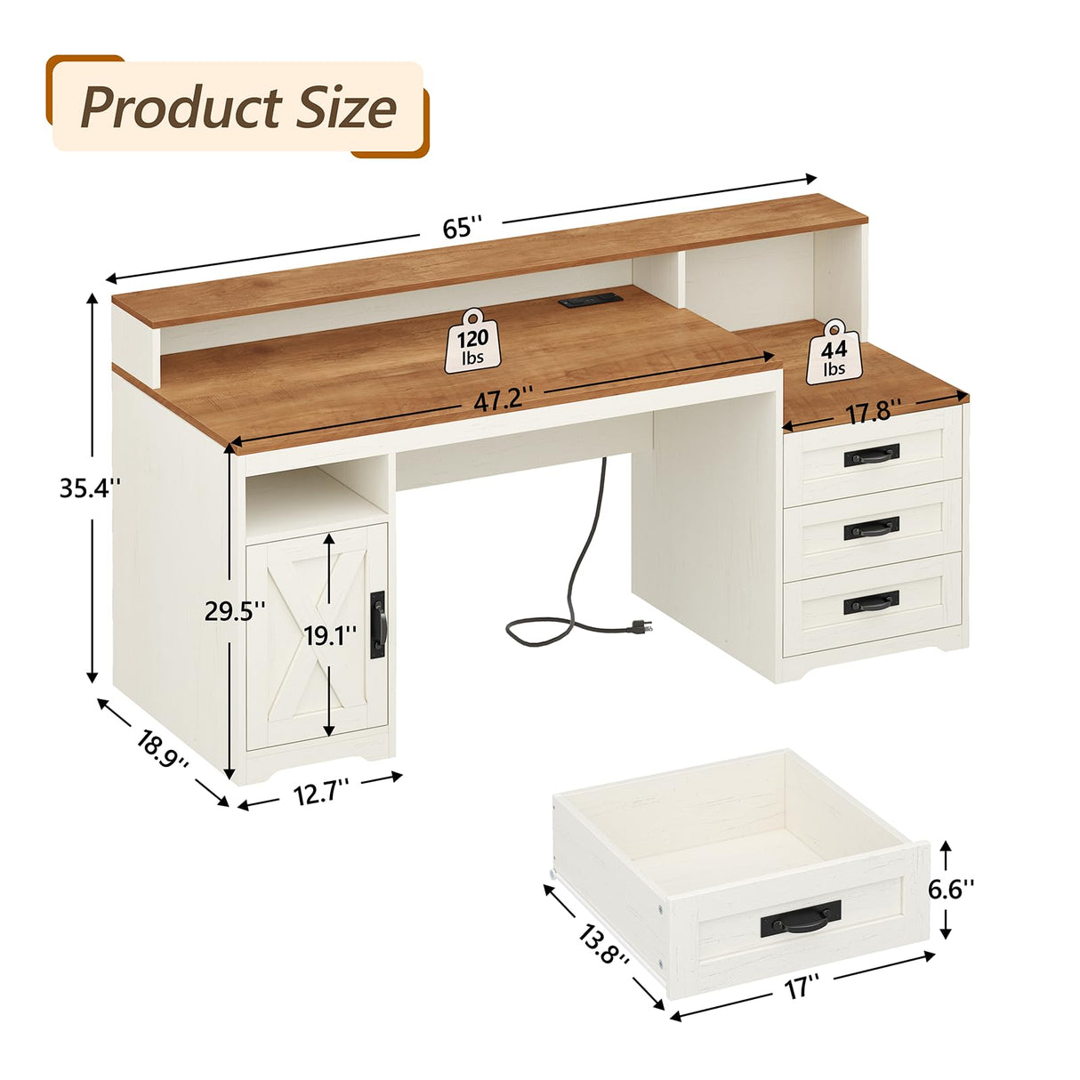 TVU Farmhouse Computer Desk with Drawers, 65'' Home Office Desk with Power Outlets, Storage Cabinet and Printer Stand, Study Writing Desks with Long Monitor Stand, White TVU