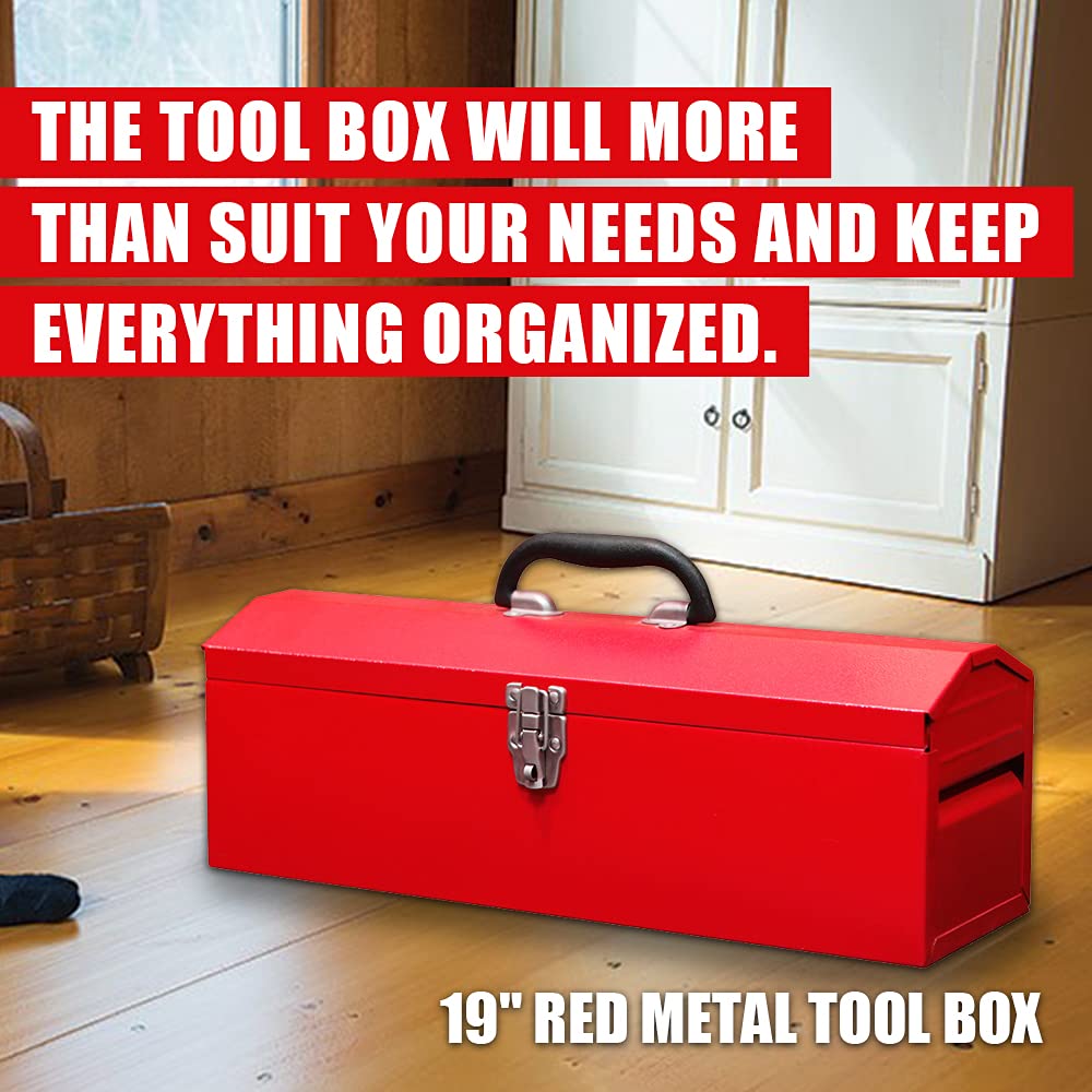 HPDMC Red Hip Roof Style Portable Steel Tool Box with Metal Latch Closure and Removable Storage Tray, 19.1" L x 6.1" W x 6.5" H HPDMC