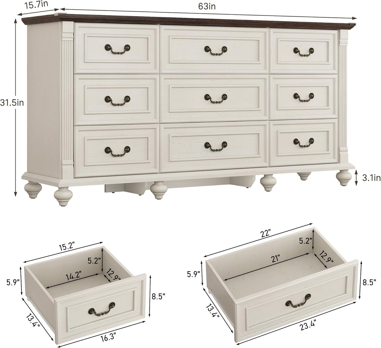 St.Mandyu Farmhouse 9 Drawer Dresser for Bedroom with 6 Gourd Feet and Roman Column Decor, 63in Wide Wood Country Rustic Chest of Drawers, Storage Dressers for Bedroom, Living Room, Rustic White St.Mandyu