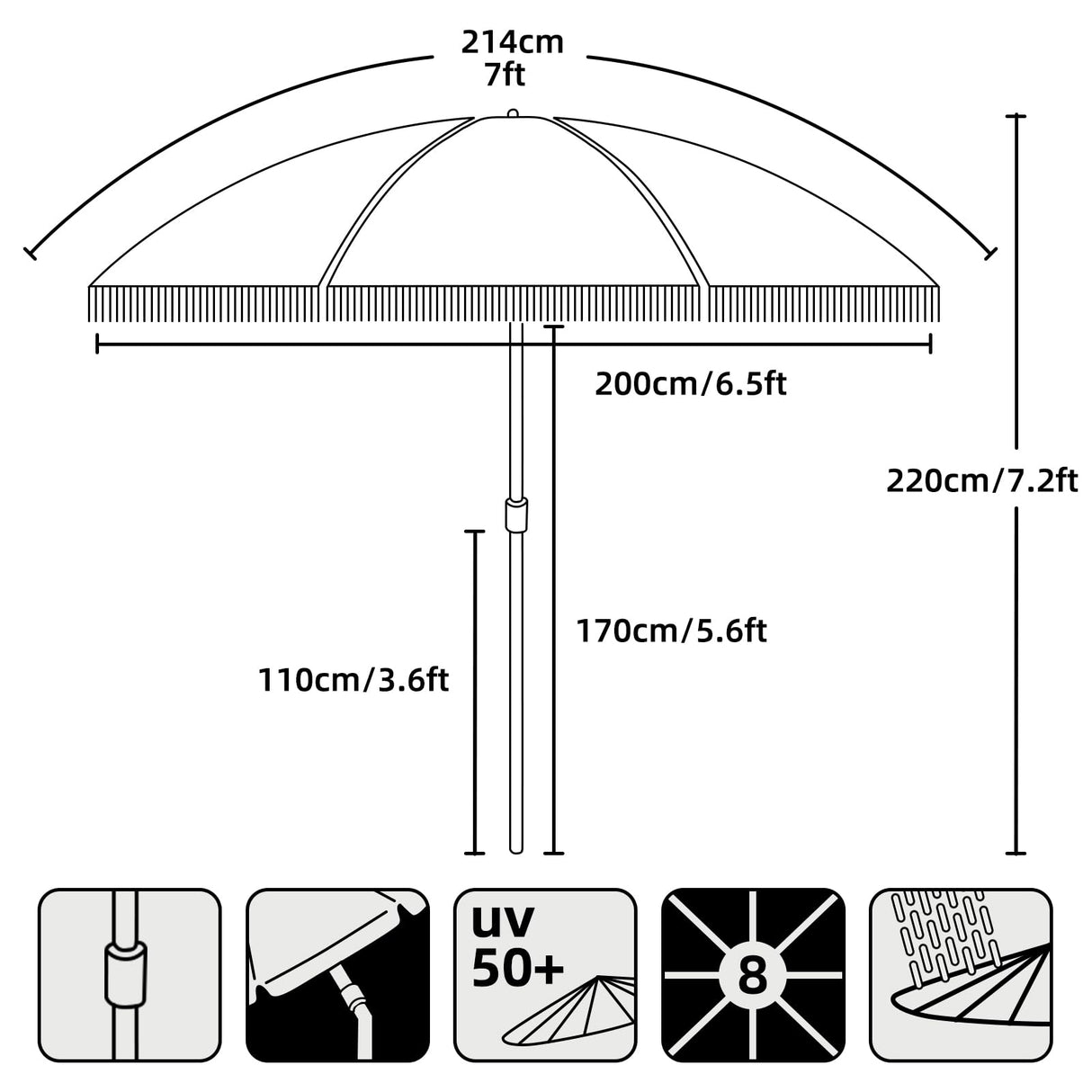 AMMSUN 7ft Patio Umbrella with Fringe Outdoor Tassel Umbrella UPF50+ Premium Steel Pole and Ribs Push Button Tilt, White Cream AMMSUN
