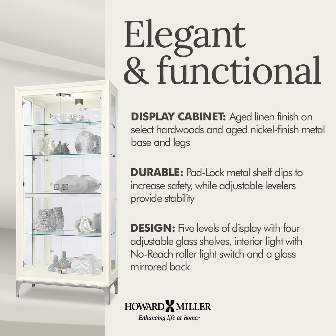 Howard Miller Sheena II Curio Cabinet – White Wire Brushed Display Cabinet Reclaimed Wood Look Aged Nickel Base & Square Pulls Hinged Glass Doors Adjustable Shelves & Mirrored Back for Home Decor Howard Miller