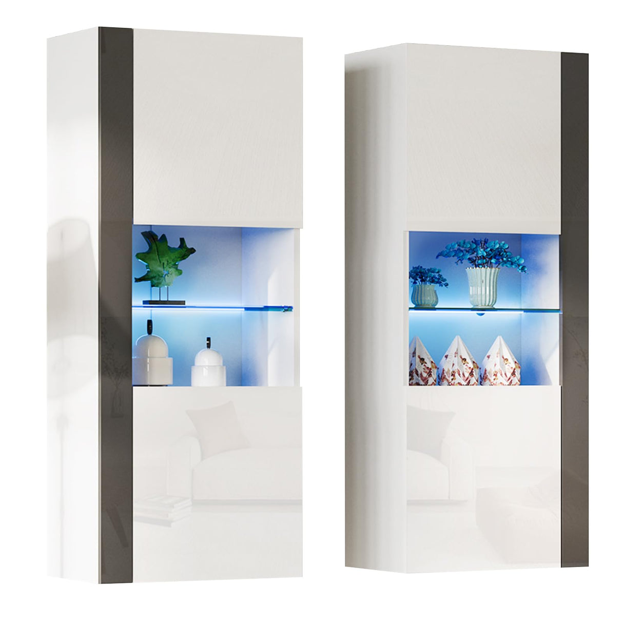AMERLIFE Wall Storage Cabinets with LED Lights, Modern High Gloss Hanging Cabinets with 4 Closed Doors & Open Glass Shelves, for Living Room/Bedroom/Office, White(Set of 2) AMERLIFE