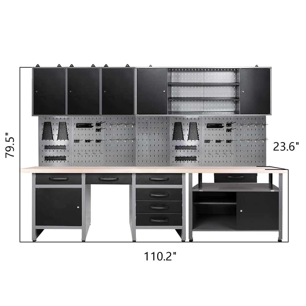 Wood Top Workbench Set System, Included Pegboard Wall Cabinets Wood Table Top, for Garage Basement JZD