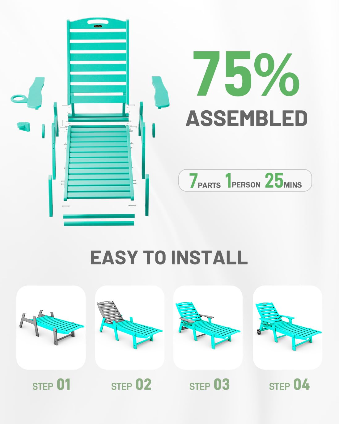 SUUNYN Lounge Chair Outdoor, Chaise Lounge, HDPE 6-Position Outdoor Chaise Lounge, Patio Lounge Chair with Wheels & Cup Holder for Pool Poolside Deck Backyard, Lake Blue SUUNYN