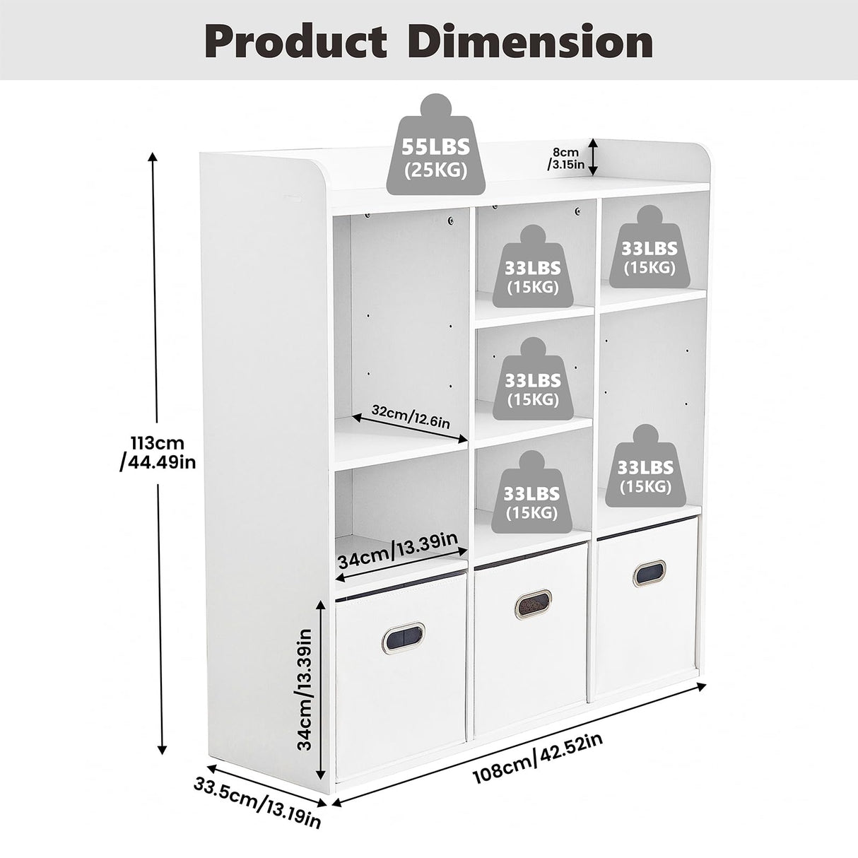 Redlife 7 Cube Bookshelf, White Cube Organizer with 3 Storage Bins, Wooden 3-Tier Bookcase with Adjustable Shelves, Modern Floor Standing Open Shelf Cabinet for Bedroom, Living Room and Office Redlifeᅟᅠ