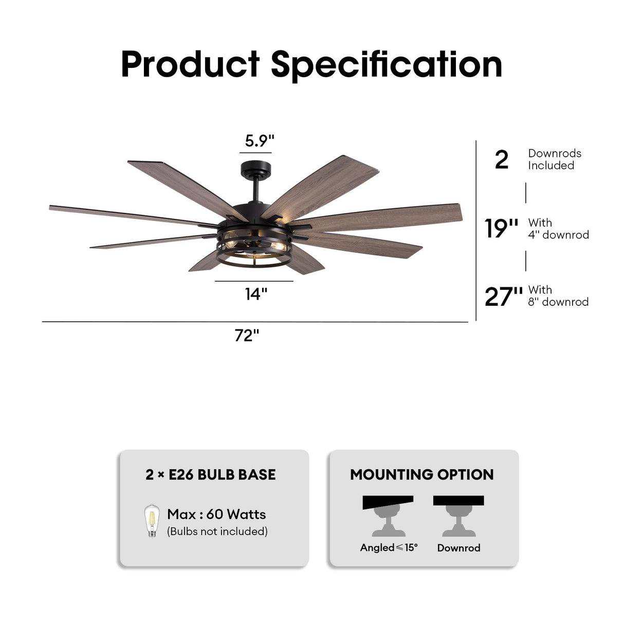 LuminFan 72 inch Large Ceiling Fans with Lights and Remote, Black Modern Ceiling Fan for Living Room, Patios, 6 Speed Reversible Quiet DC Motor, 8 Blades, Easy to Install LuminFan