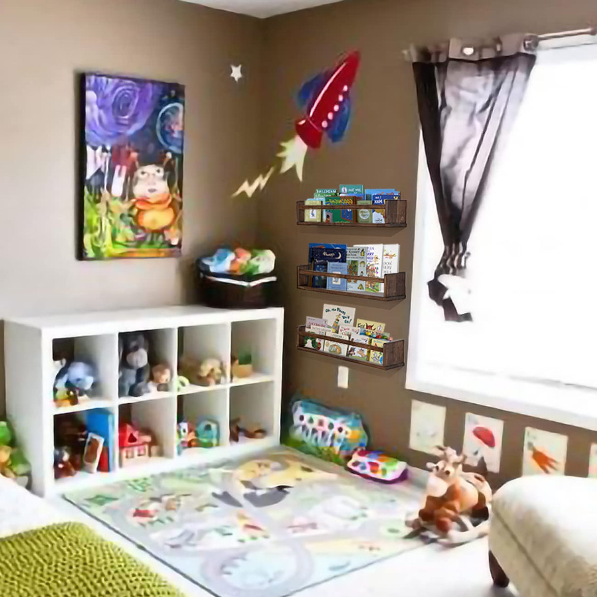 AZSKY Nursery Book Shelves 24 in Set of 3 Walnut Floating Bookshelf for Kids Room Wall Mounted Floating Shelves Solid Nursery Bookshelf Perfect Decor for Kitchen Bedroom Living Room AZSKY