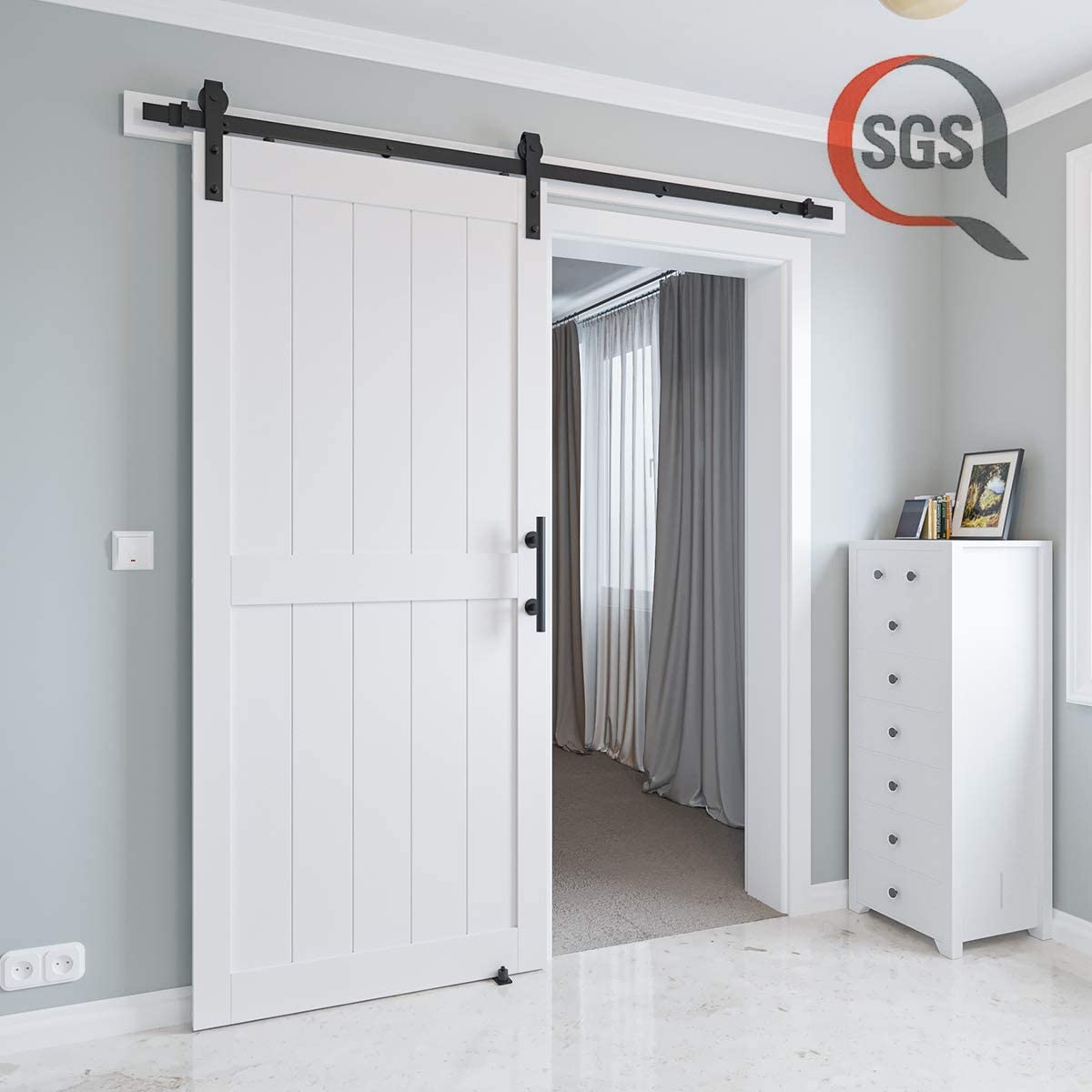 COSHOMER 36in x 84in MDF Sliding Barn Door with 6.6ft Barn Door Hardware Kit & Handle, Pre-Drilled Holes Easy Assembly -Solid Barn Door Slab Covered with Water-Proof PVC Surface, White, H-Frame COSHOMER
