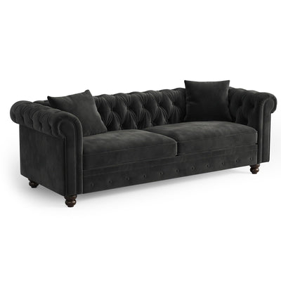 ONBRILL 82" Chesterfield Sofa, Black Velvet Couch with Rolled Arms, 23.6" Deep Seat Couch w/2 Throw Pillows, Button Tufted Backrest, Turned Wood Legs, Comfy Loveseat Sofa for Living Room, Bedroom