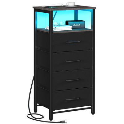 Yoobure Night Stand - LED Nightstand with Charging Station, Bedside Table with 4 Fabric Storage Drawers and Storage Shelf, End Table with USB Ports and Outlets, Tall Dresser for Bedroom