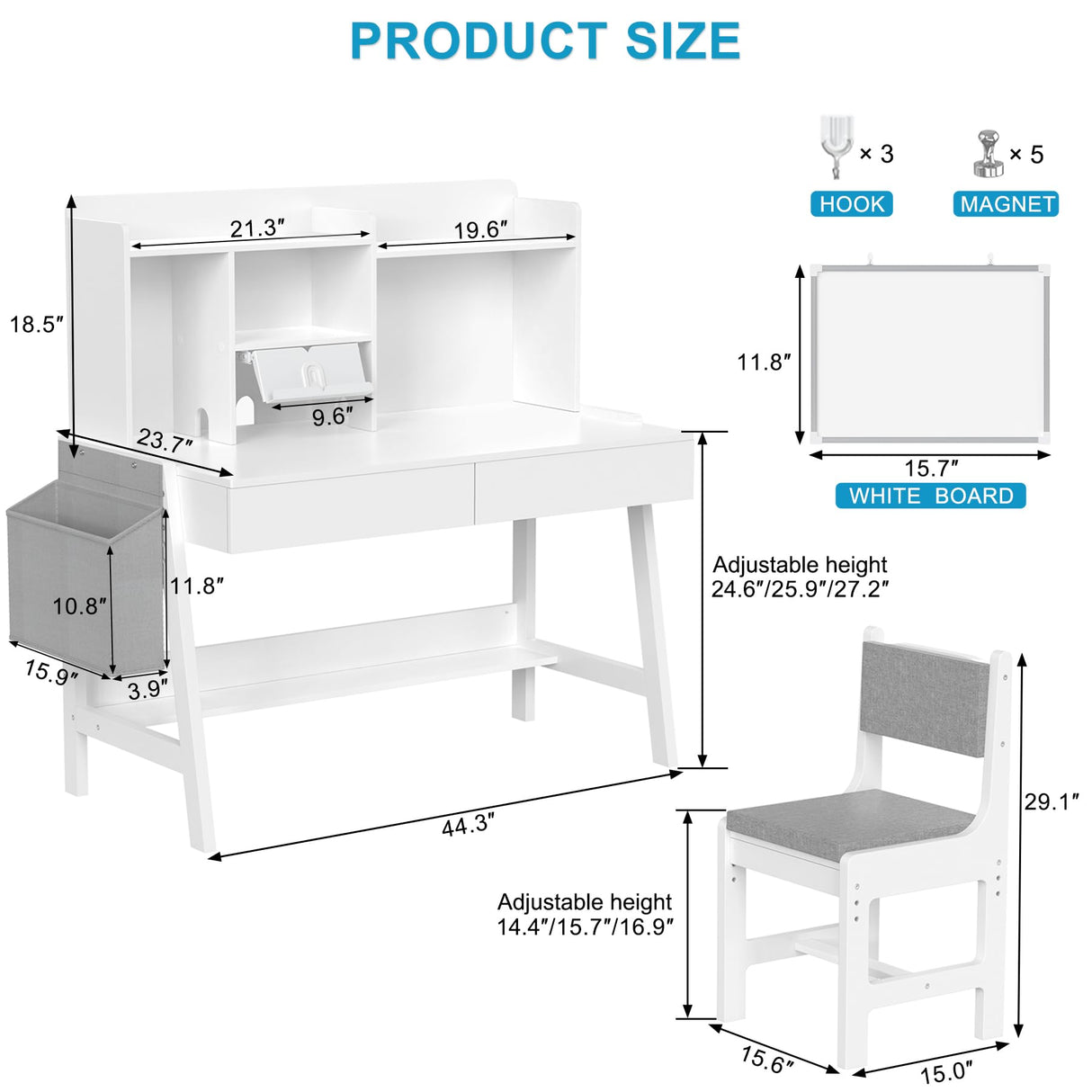 GDLF Kids Study Desk and Chair Set, Adjustable Children Study Table with Chair, Kids Wooden Study Desk with Hutch, Drawers, Book Stand, Whiteboard and Fabric Storage Bag for 5-12 Years Old GDLF