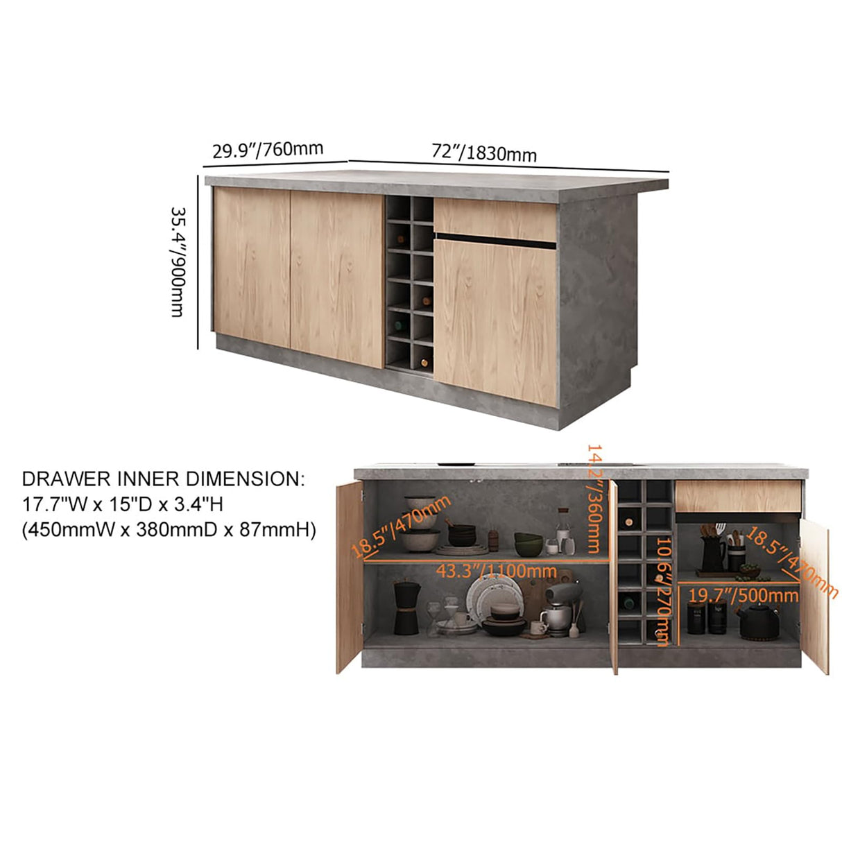 homary 72'' Kitchen Island with Storage Japandi Style Wood Kitchen Islands with Seating and LED Light in Gray homary