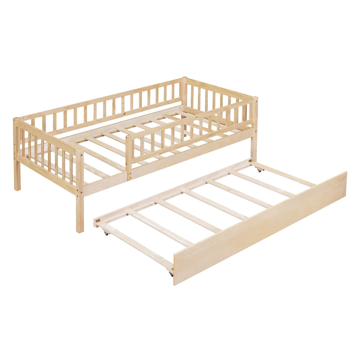 Harper & Bright Designs Twin Daybed with Trundle, Wood Twin Trundle Bed Frame with Fence Rails,Montessori Twin Bed for Kids Girls Boys Bedroom,Guest Room,Living Room,No Box Spring Needed,Natural Harper & Bright Designs