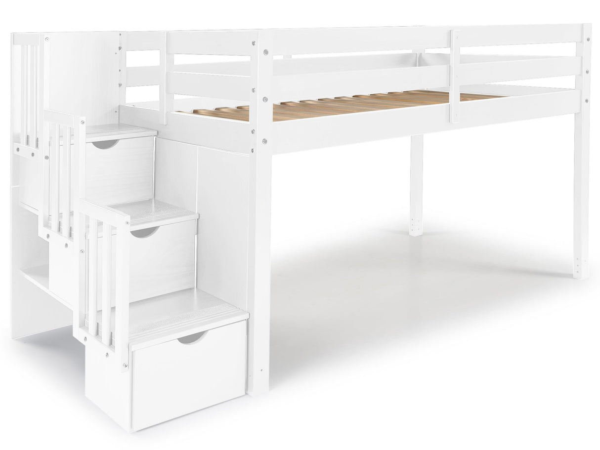 Bedz King Contemporary Low Loft Twin Bed with 3 Step-Stairway, White Bedz King